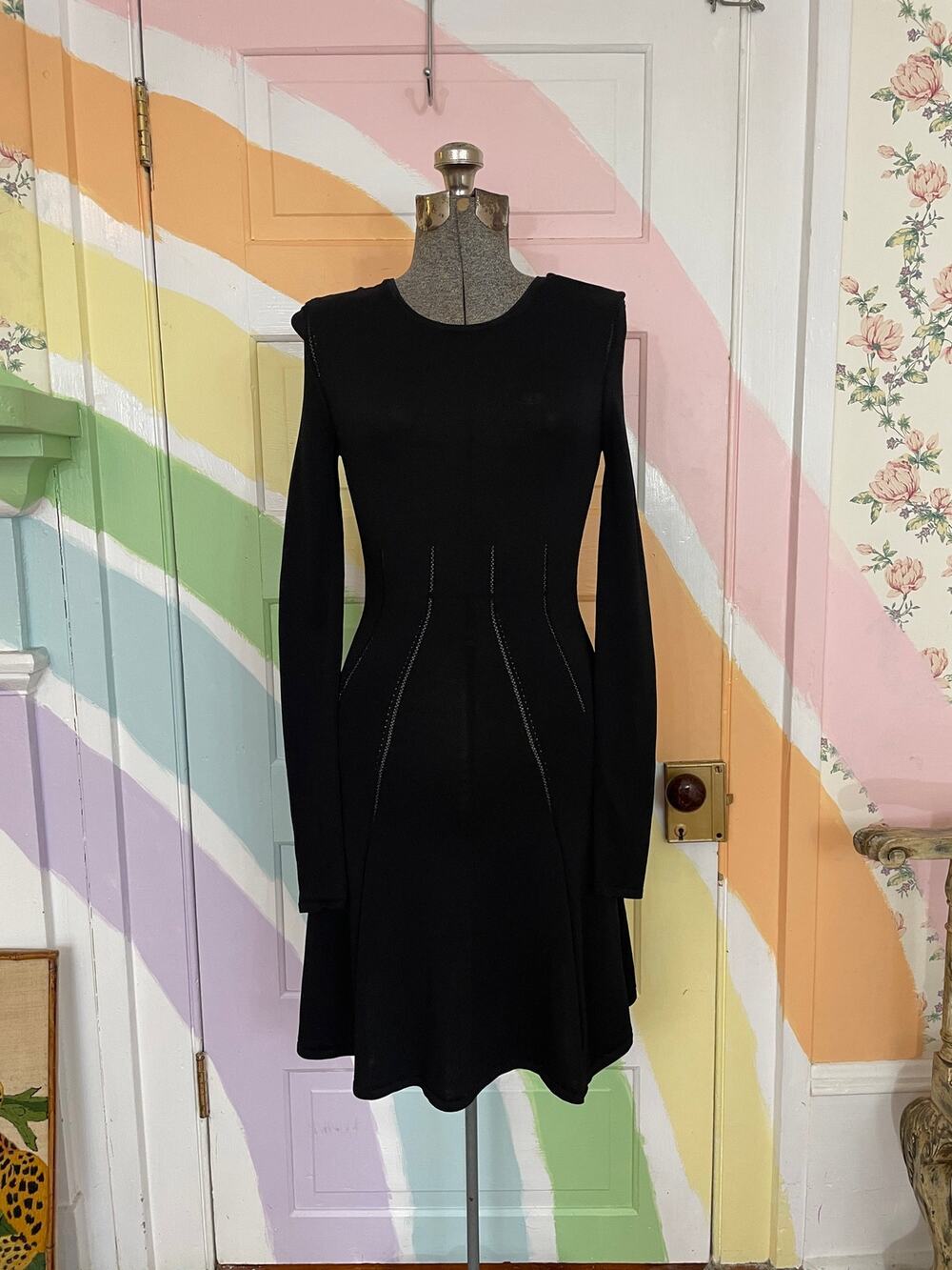 McQ Alexander McQueen Black Knit Fit Flare Dress S Sculpted Shoulder